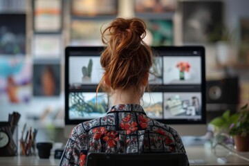 Creative professional female designer working on her project via multiple computer screens surrounded by vibrant artworks