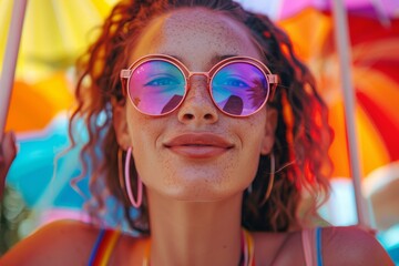 Cheerful woman in reflective sunglasses with a vivid umbrella background radiates summer vibes