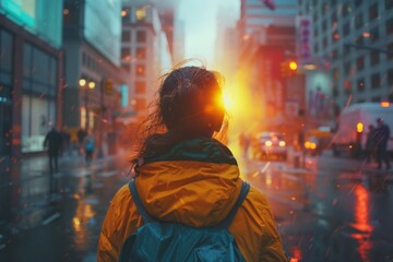 A person seen from behind with a yellow jacket on during a rainy evening on a busy city street lined with glowing lights