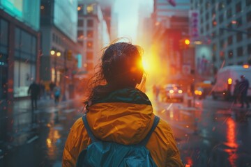 Obraz premium A person seen from behind with a yellow jacket on during a rainy evening on a busy city street lined with glowing lights