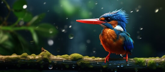 A vibrant Piciformes bird with colorful feathers and a sharp beak is perched on a branch above the water in the jungle, its wings slightly ruffled by the wind - obrazy, fototapety, plakaty