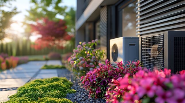 Installation of an air source heat pump in an exquisite, contemporary home summer vibe and space, Generative AI.