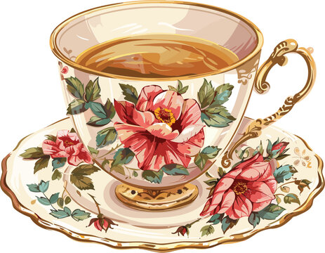 floral teacup and saucer, vintage style clip art preview