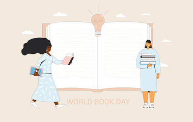World book and copyright day banner template. Two girls with literature. Reading lovers exchange swap and fair. Learning and education holiday. Vector flat illustration