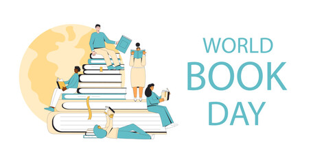 World book and copyright day banner template. Reading lovers in library. Learning and education holiday. Vector flat illustration