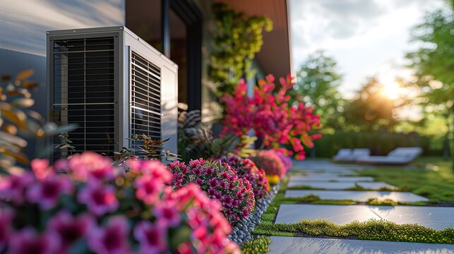 Installation of an air source heat pump in an exquisite, contemporary home summer vibe and space, Generative AI.