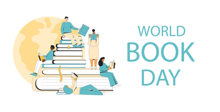 World book and copyright day banner template. Reading lovers in library. Learning and education holiday. Vector flat illustration - Powered by Adobe