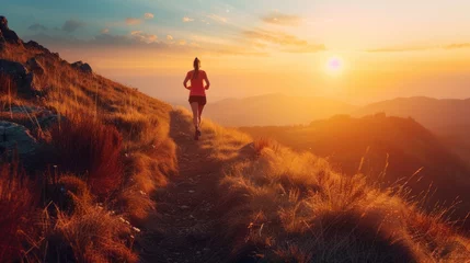 Foto op Plexiglas anti-reflex A solitary runner takes on a mountain trail at sunset, embodying the spirit of endurance and the pursuit of personal fitness goals. AIG41 © Summit Art Creations