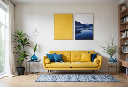 Modern living room interior with yellow sofa and blue accessories colorful background