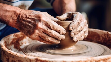 The hands of a ceramic craftsman working on a potter's wheel, making dishes from clay. - obrazy, fototapety, plakaty