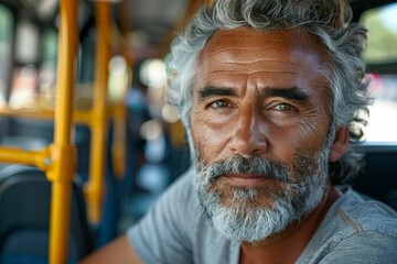 A man travels on public transport from work. Background with selective focus and copy space