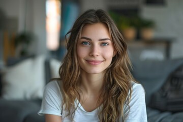 A woman with long brown hair and a white shirt is smiling at the camera