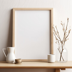 Elegant home decor with a blank wooden frame a ceramic vase with decorative twigs a white jug and a cup on a wooden table against a beige wall