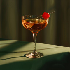 Manhattan cocktail, capturing its sophisticated essence, background in a contrasting color to the drink.