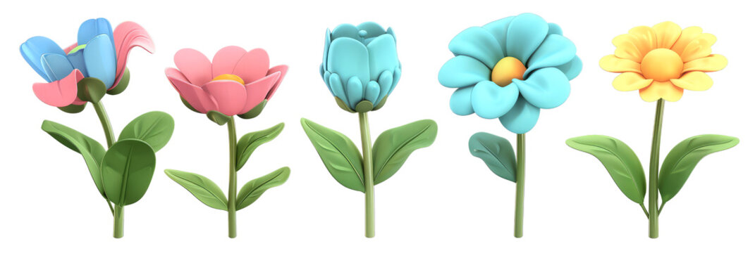 Cute cartoon flowers set isolated on white background, clipart. Png with transparent background, cutout. Gradient 3d flower collection.