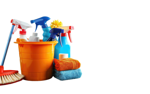 Wooden Floor Hosting Neatly Arranged Cleaning Supplies in a Bucket isolated on transparent Background