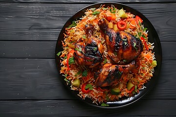 Top view dish of a plate of chicken mandi rice decorated with biryani rice and grilled chicken with vegetables on a black wooden background.