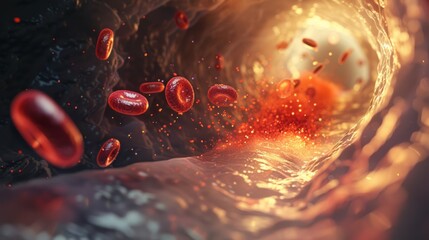 A captivating 3D illustration depicting a close-up view of erythrocytes (red blood cells) flowing inside a blood vessel. The warm tones and dynamic movement convey a lifelike representation