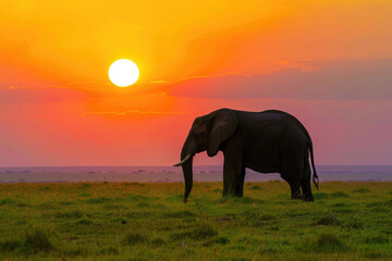 Fototapeta na wymiar An awe-inspiring scene of an elephant against the backdrop of a vibrant African sunset