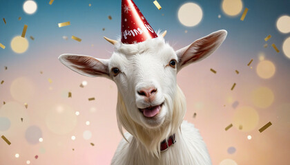 goat Happy cute animal friendly goat wearing a party hat celebrating fancy newyear or birthday party festive celebration greeting with bokeh light and paper shoot confetti surround party colorful back - obrazy, fototapety, plakaty