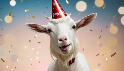 Fotobehang goat Happy cute animal friendly goat wearing a party hat celebrating fancy newyear or birthday party festive celebration greeting with bokeh light and paper shoot confetti surround party colorful back © Fukurou