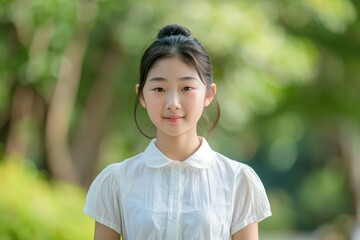 A young woman wearing a white shirt and a ponytail is smiling at the camera