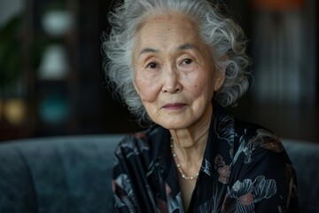 A woman with gray hair and a necklace is sitting on a couch