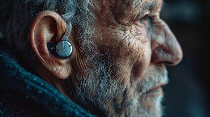 Lovely old person's hearing aid-equipped ear over a dark backdrop aging male and space, Generative AI. - obrazy, fototapety, plakaty