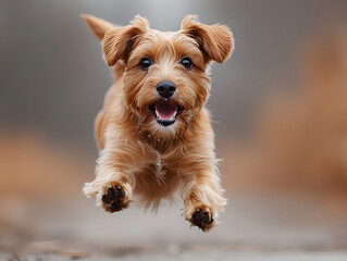 A small brown dog, is leaping in the air. AI generated. 