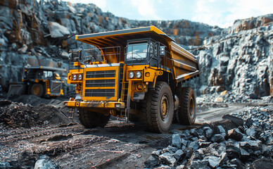 Yellow dump truck, large quarry operation