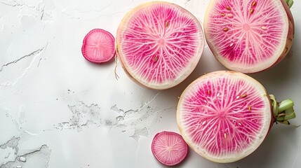 Obraz na płótnie Canvas Lovely uncooked watermelon radishes, both whole and half-cut mouthwatering, set over a grey marble backdrop and space, Generative AI.