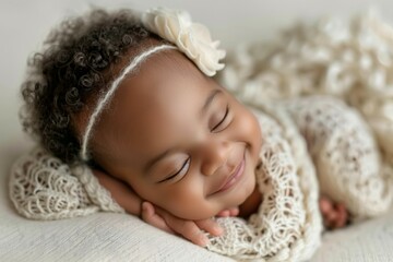 Fototapeta na wymiar A baby is sleeping with a white flower headband on her head