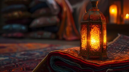 A close-up of a Ramadan lantern casting a warm glow on a stack of prayer mats, creating a serene and spiritual atmosphere. - obrazy, fototapety, plakaty