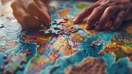 Male hand combining a puzzle piece over a vibrant global map jigsaw puzzle depicting connection and space, Generative AI.