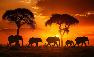 Fototapeta na wymiar Sunset Stroll: Majestic Elephants of the African Savanna