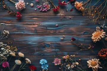 Frame with dried flowers on a wooden base. Banner with space for your text. - obrazy, fototapety, plakaty