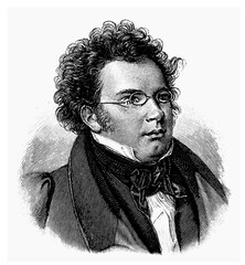 vectorized old engraving portrait of famous composer Franz Peter Schubert. Engraving is from Meyers Lexicon published 1914 - 766934142