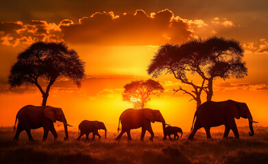 Sunset Stroll: Majestic Elephants of the African Savanna