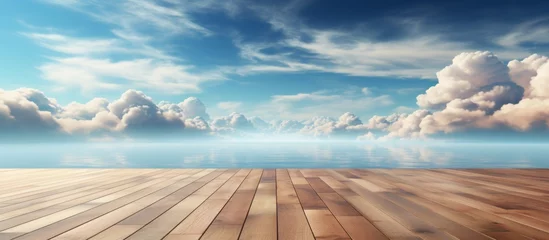 Papier Peint photo Couleur saumon A wooden deck surrounded by water, under a cloudy sky. The natural landscape offers a view of the horizon with cumulus clouds and the gentle wind creating an atmospheric atmosphere