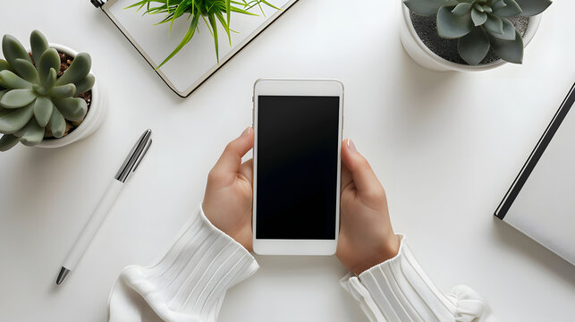 White Background. Top view image of a woman using a digital tablet at her desk.close up of young female's hands scrolling on iPhone at white desk. Top view of woman holding smartphone and tablet on de