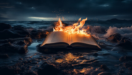 A book is on fire in the ocean