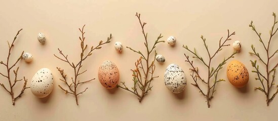 Easter eggs and green branches arranged on a beige backdrop