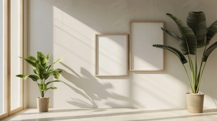 Obraz premium Two empty picture frames on a white wall near a banana plants in a wicker pot in a beige empty room hallway. Scandinavian room