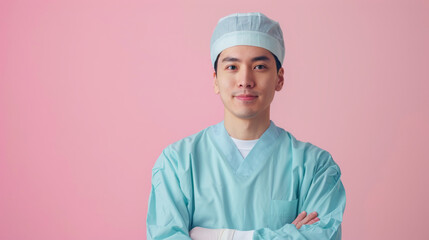 A confident young male surgeon in scrubs stands with arms crossed against a pink background, looking directly at the camera.
