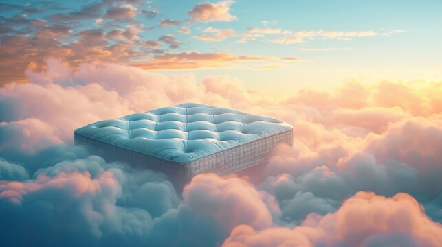 A serene and dreamlike 3D animation that displays a plush mattress floating amidst a tranquil sea of clouds under a soft, glowing sky, invoking feelings of comfort, peace, and restfulness.