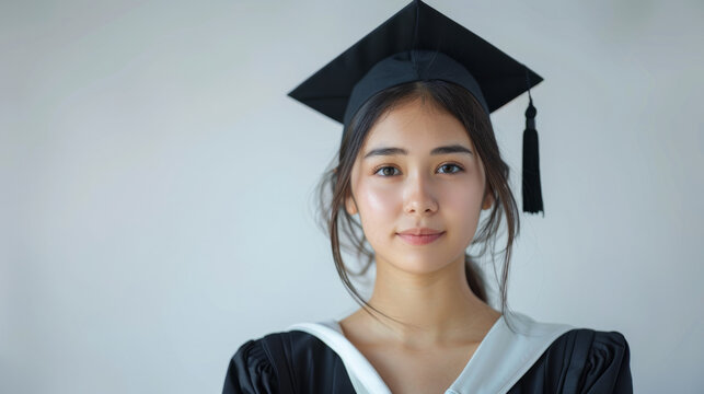 Portrait of a young woman in graduation cap and gown, looking at the camera with a soft smile.