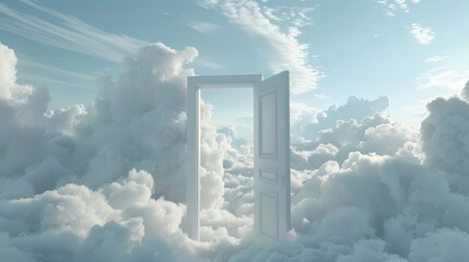 An imaginative 3D animation of an open door standing amidst a serene skyscape, surrounded by soft, fluffy clouds, invoking a sense of opportunity, discovery, and the gateway to new dimensions