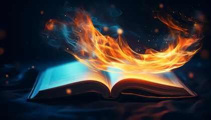 A book is on fire and the flames are blue