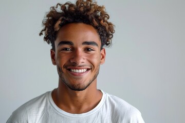 A young man with a beard and curly hair is smiling for the camera