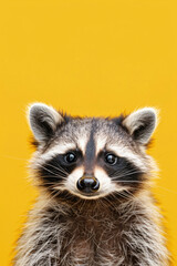 A close-up portrait of a cute and funny raccoon against a yellow background